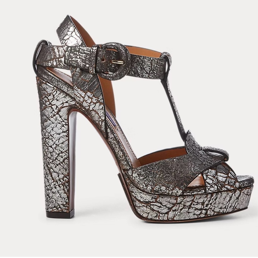 Ralph Lauren Collection Kerrey Cracked Leather T-Strap Platform Heels - 39B